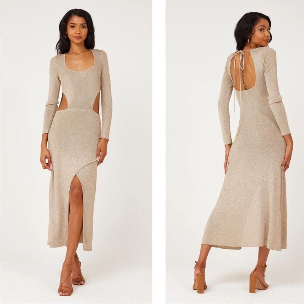 NWT Misa Mina‎ Cut Out Metallica Gold Midi Dress